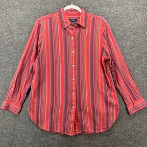 Chaps Blouse Top Womens M Pink Striped Linen Cotton Button Up Lagenlook Coastal